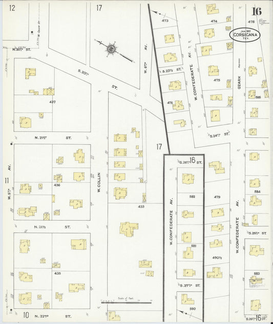 Sanborn Fire Insurance Map from Corsicana, Navarro County, Texas (1910), Sheet #0016 - Historic Sanborn Fire Insurance Map Print, vintage old map wall art, antique decor, genealogy gift, Texas Texas map