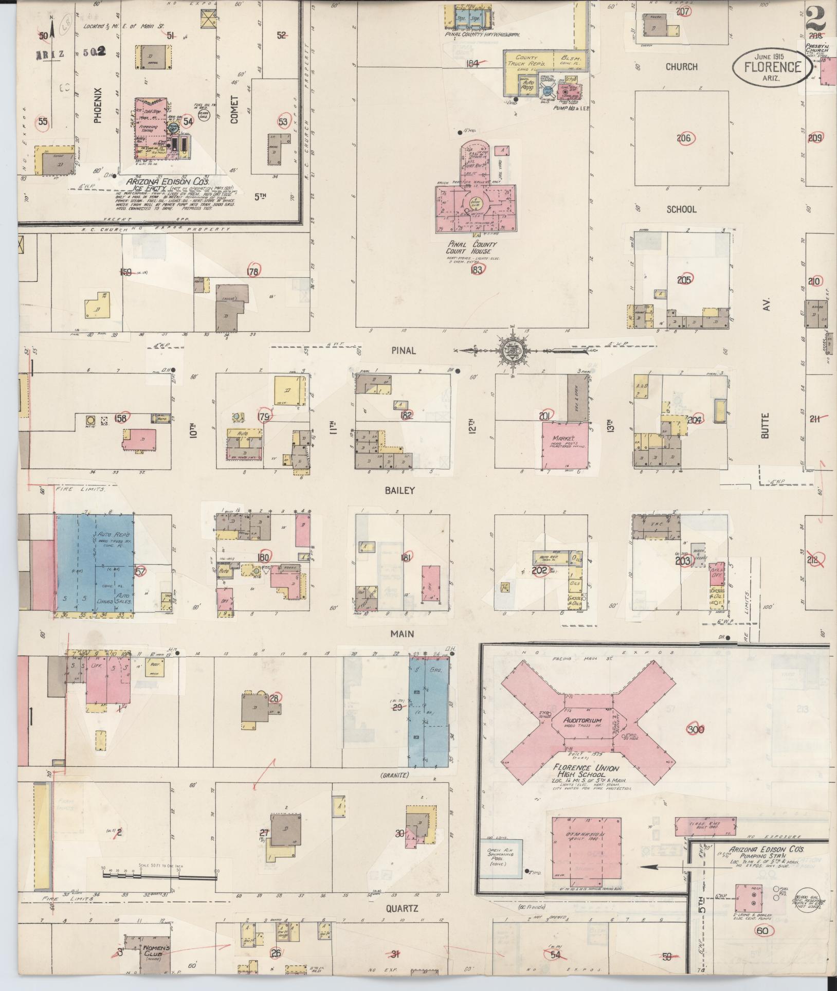 Sanborn Fire Insurance Map from Florence, Pinal County, Arizona (1941), Sheet #0002 - Historic Sanborn Fire Insurance Map Print, vintage old map wall art, antique decor, genealogy gift, Arizona Arizona map