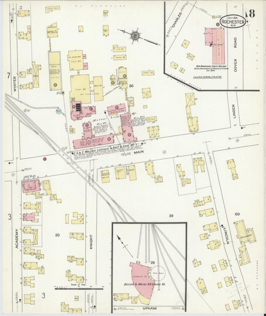 Sanborn Fire Insurance Map from Rochester, Strafford County, New Hampshire (1914), Sheet #0008 - Historic Sanborn Fire Insurance Map Print, vintage old map wall art, antique decor, genealogy gift, New Hampshire New Hampshire map