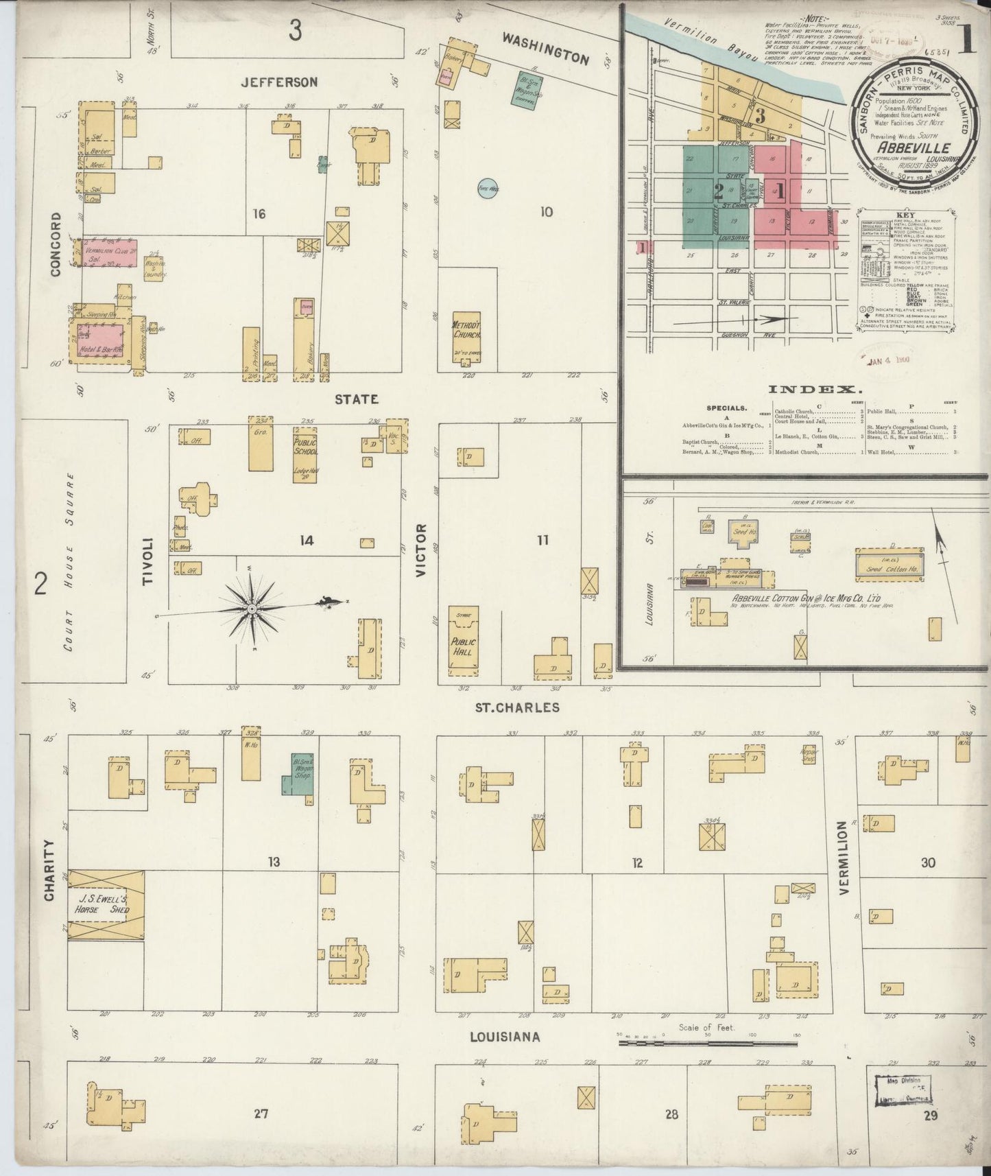 Sanborn Fire Insurance Map from Abbeville, Vermilion Parish, Louisiana (1899), Sheet #0001 - Historic Sanborn Fire Insurance Map Print, vintage old map wall art, antique decor, genealogy gift, Louisiana Louisiana map
