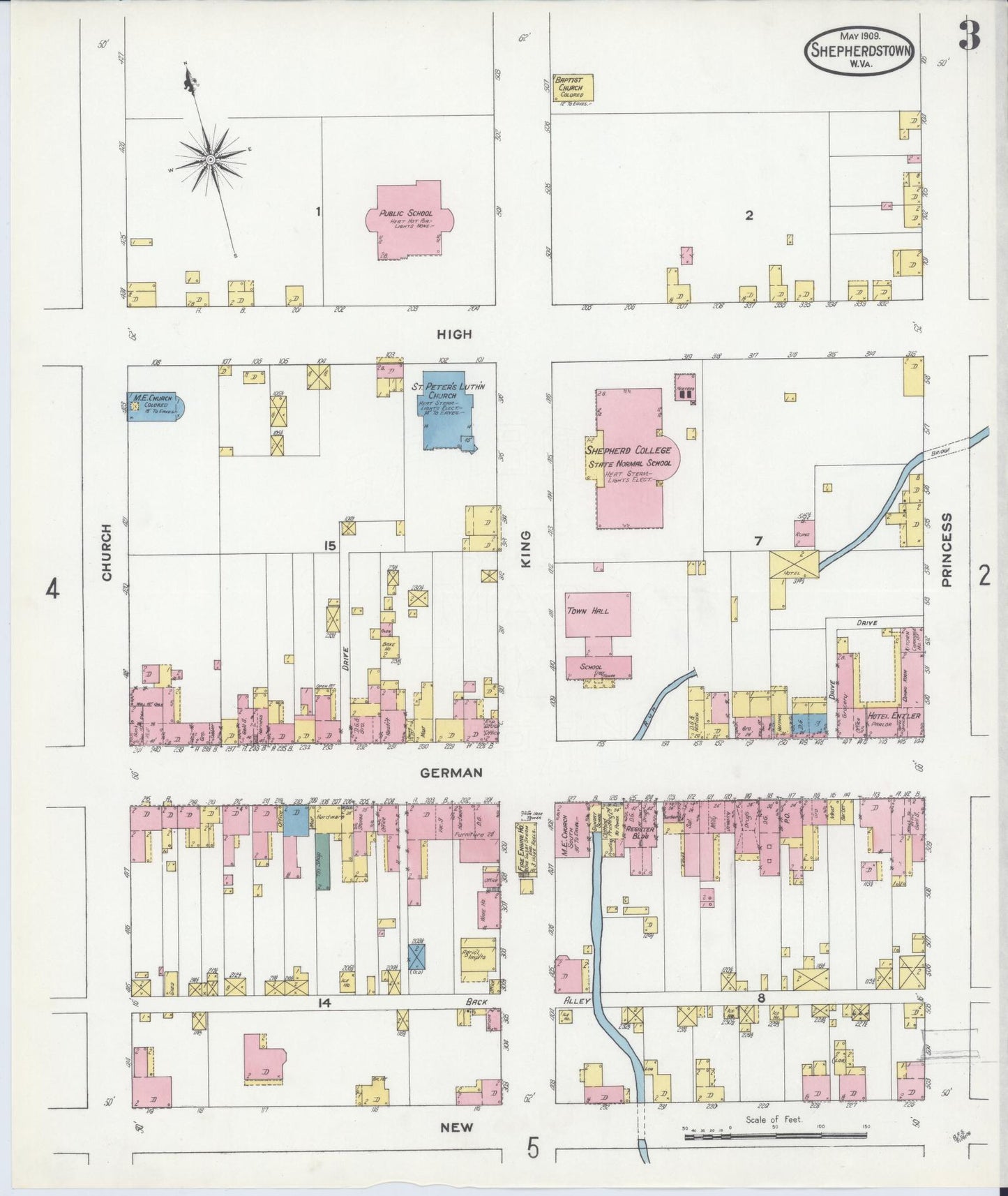 Sanborn Fire Insurance Map from Shepherdstown, Jefferson County, West Virginia (1909), Sheet #0003 - Complete Map Set gallery image, historic Sanborn map, vintage wall art, West Virginia West Virginia