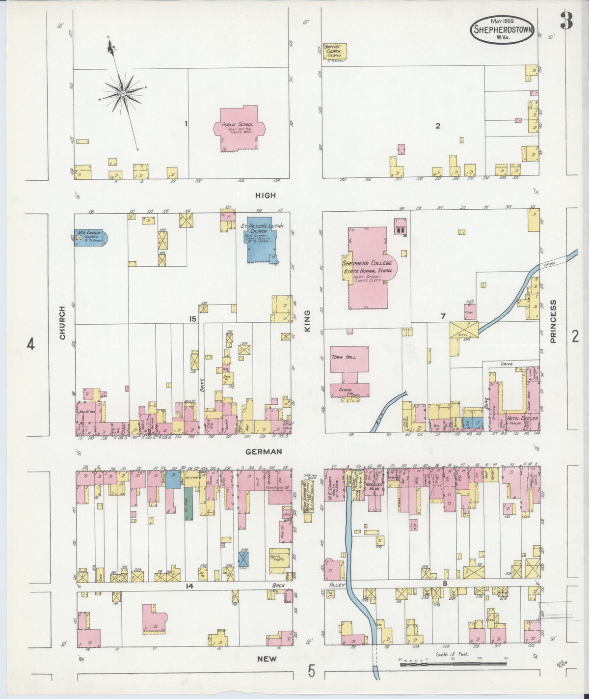 Sanborn Fire Insurance Map from Shepherdstown, Jefferson County, West Virginia (1909), Sheet #0003 - Complete Map Set gallery image, historic Sanborn map, vintage wall art, West Virginia West Virginia