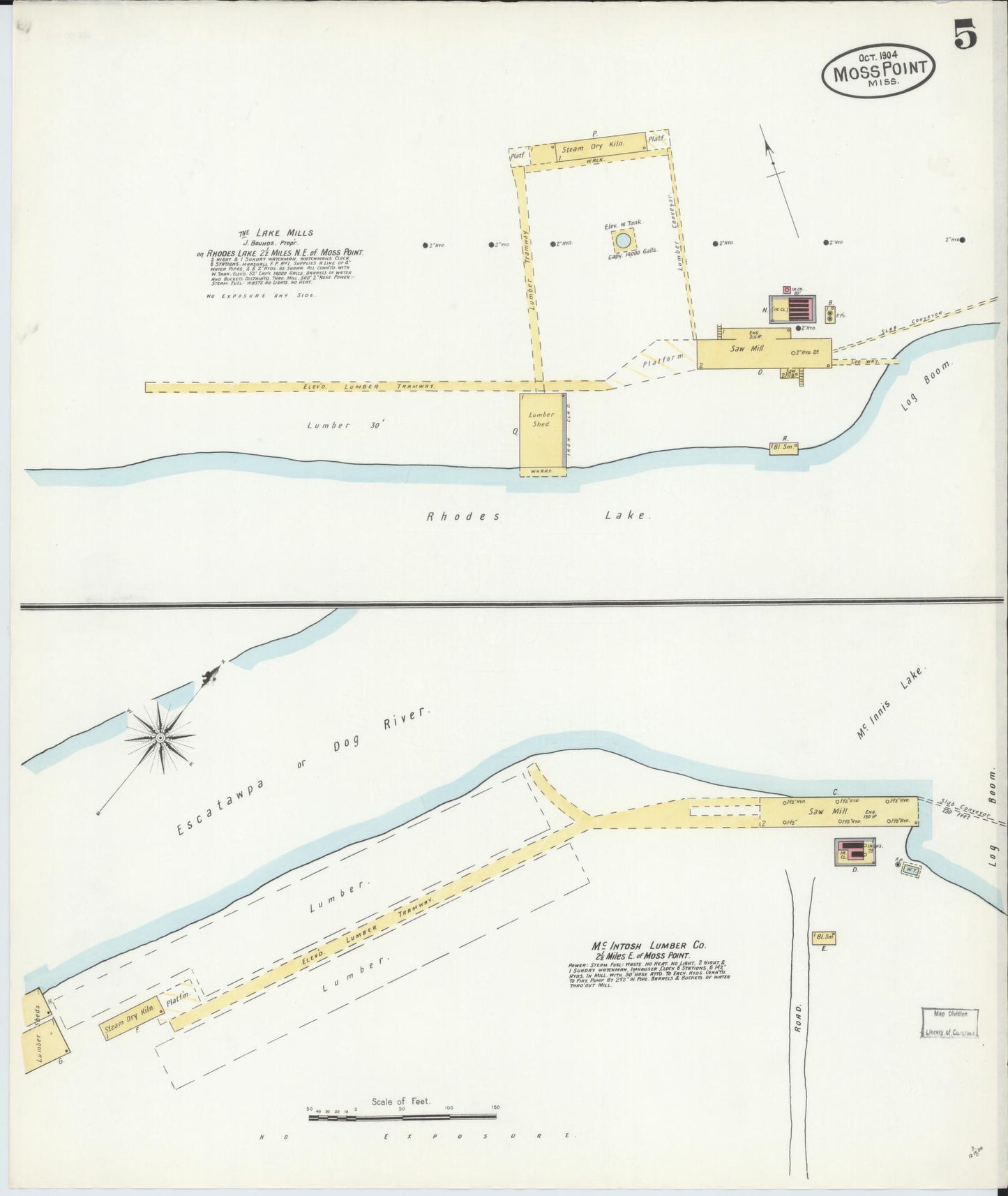 Sanborn Fire Insurance Map from Moss Point, Jackson County, Mississippi (1904), Sheet #0005 - Complete Map Set gallery image, historic Sanborn map, vintage wall art, Mississippi Mississippi