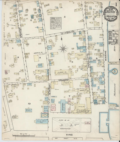 Sanborn Fire Insurance Map from Saint Augustine, Saint John's County, Florida (1884), Sheet #0001 - Historic Sanborn Fire Insurance Map Print, vintage old map wall art, antique decor, genealogy gift, Florida Florida map