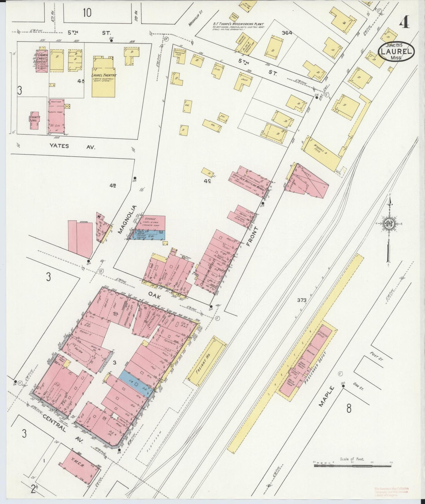Sanborn Fire Insurance Map from Laurel, Jones County, Mississippi (1915), Sheet #0004 - Complete Map Set gallery image, historic Sanborn map, vintage wall art, Mississippi Mississippi