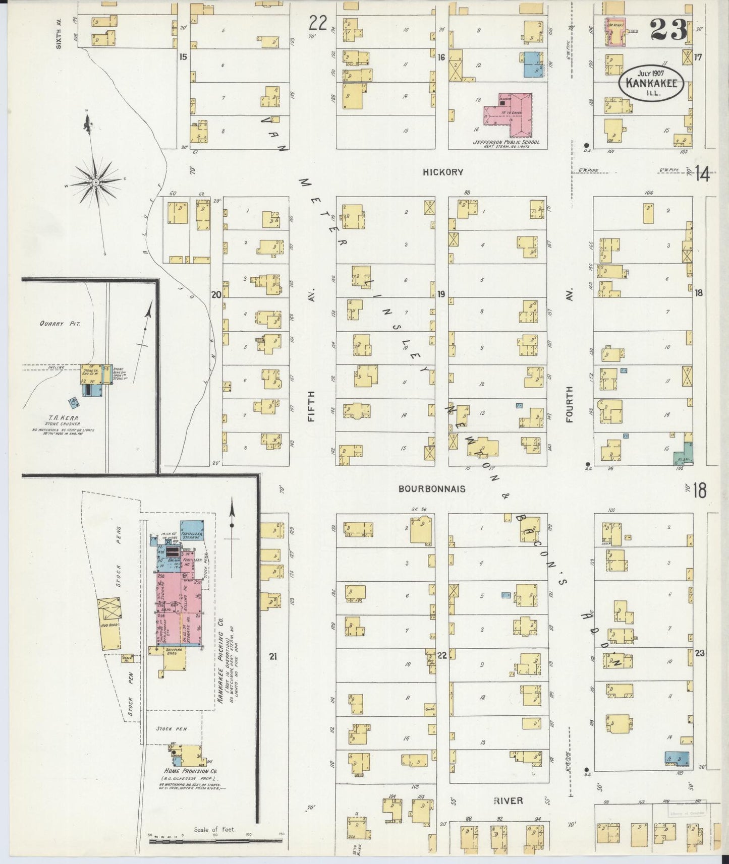 Sanborn Fire Insurance Map from Kankakee, Kankakee County, Illinois (1907), Sheet #0023 - Historic Sanborn Fire Insurance Map Print, vintage old map wall art, antique decor, genealogy gift, Illinois Illinois map