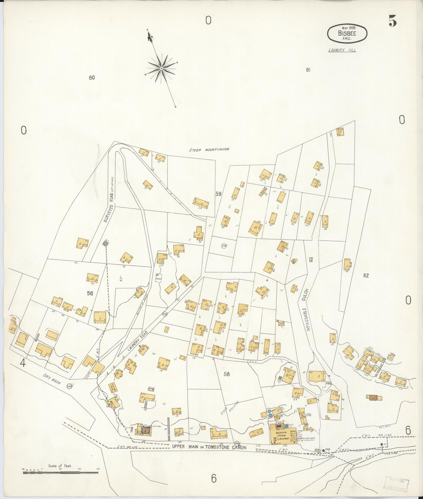 Sanborn Fire Insurance Map from Bisbee, Cochise County, Arizona (1906), Sheet #0005 - Historic Sanborn Fire Insurance Map Print, vintage old map wall art, antique decor, genealogy gift, Arizona Arizona map