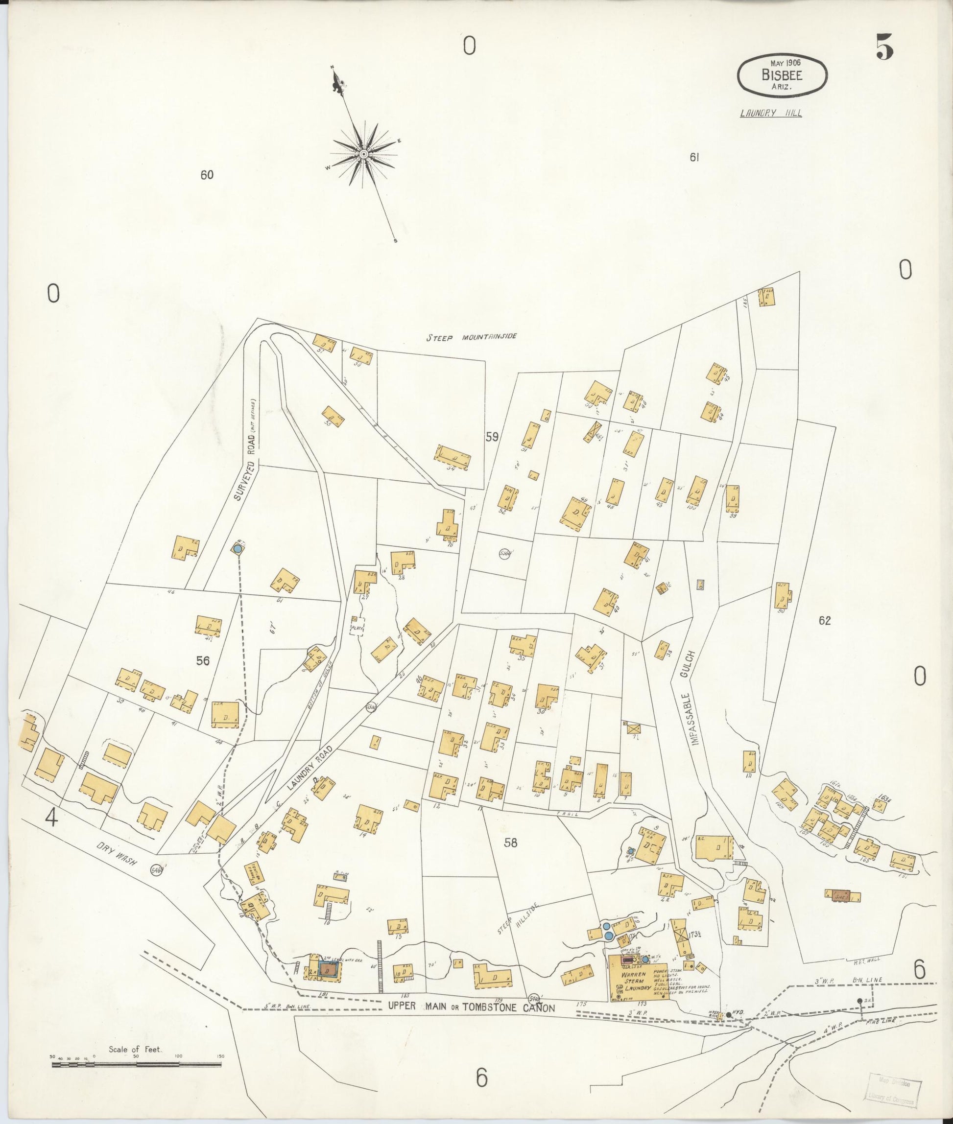 Sanborn Fire Insurance Map from Bisbee, Cochise County, Arizona (1906), Sheet #0005 - Historic Sanborn Fire Insurance Map Print, vintage old map wall art, antique decor, genealogy gift, Arizona Arizona map