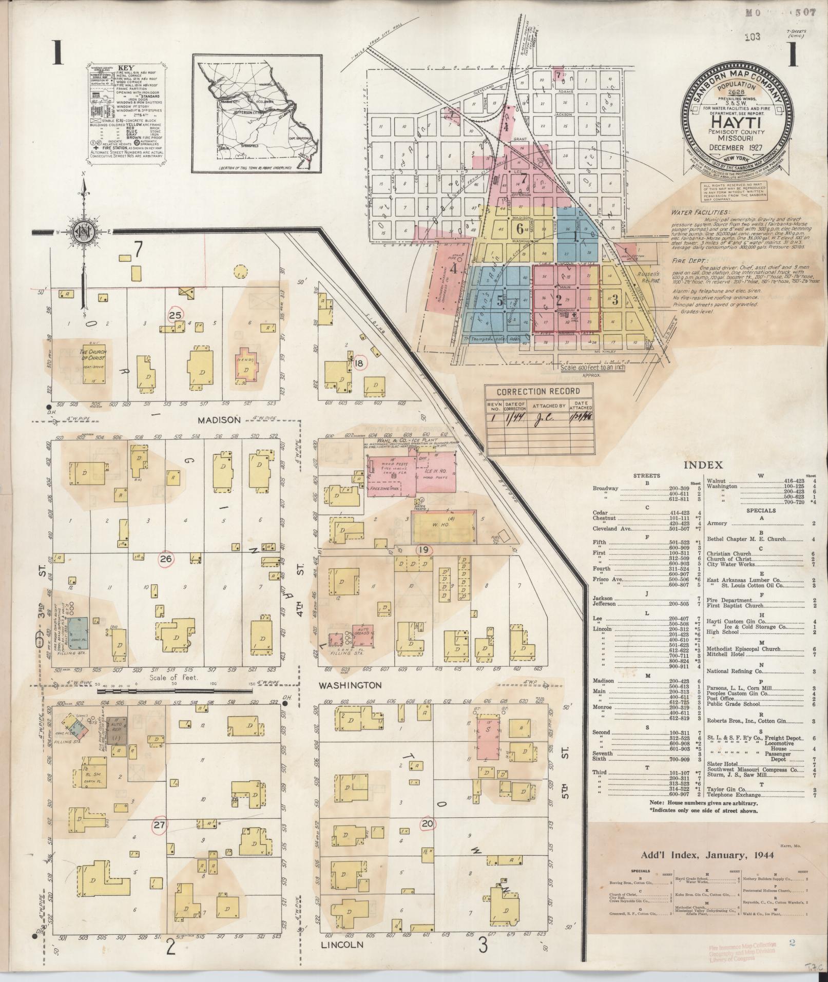 Sanborn Fire Insurance Map from Hayti, Pemiscot County, Missouri (1944), Sheet #0001 - Historic Sanborn Fire Insurance Map Print, vintage old map wall art, antique decor, genealogy gift, Missouri Missouri map