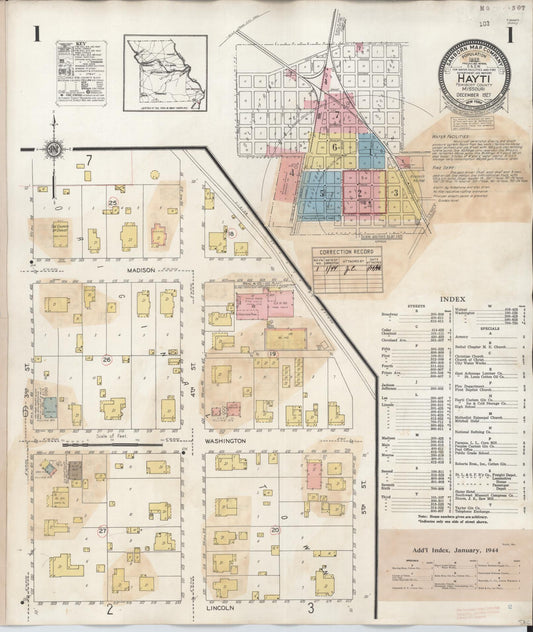Sanborn Fire Insurance Map from Hayti, Pemiscot County, Missouri (1944), Sheet #0001 - Historic Sanborn Fire Insurance Map Print, vintage old map wall art, antique decor, genealogy gift, Missouri Missouri map