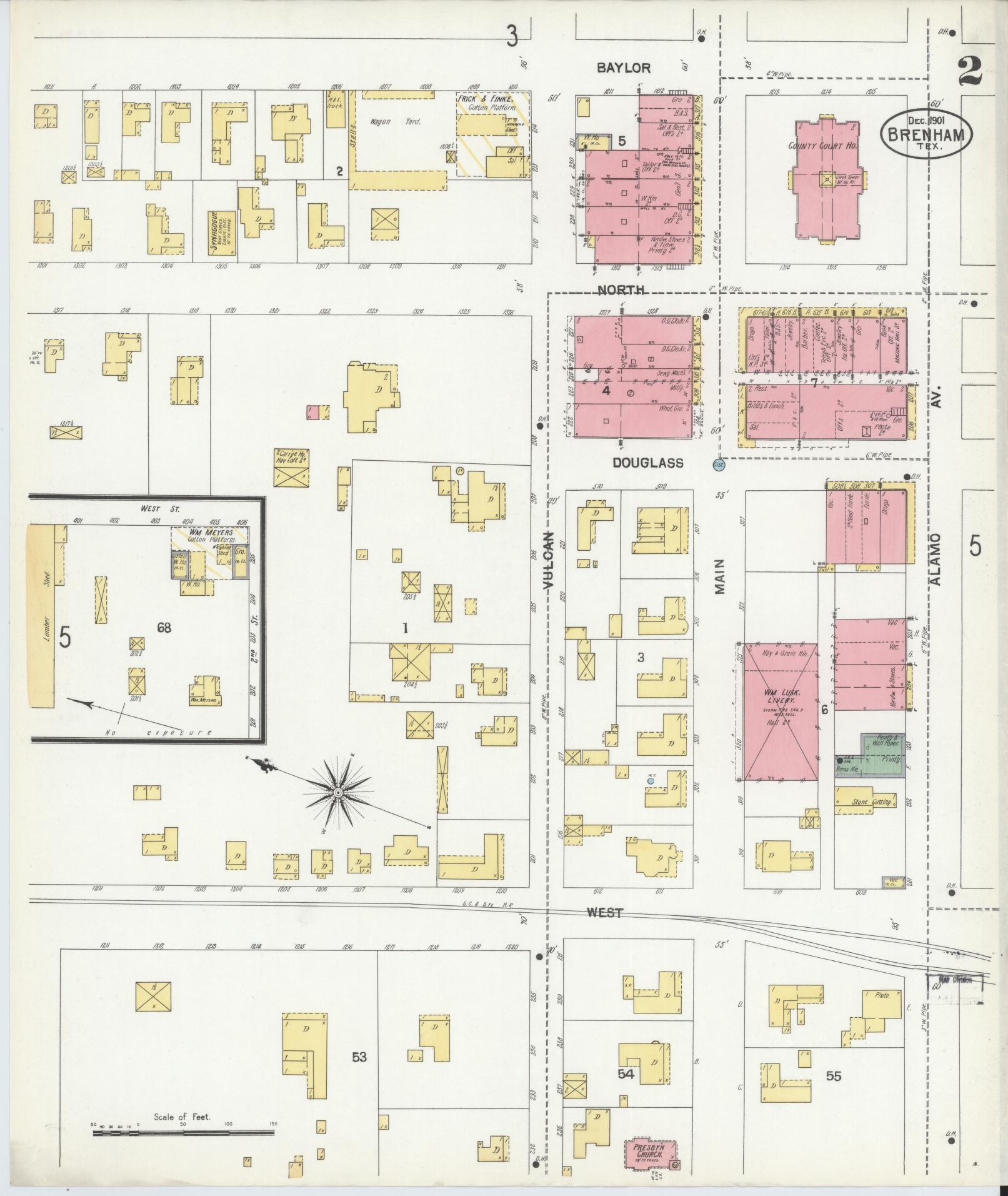 Sanborn Fire Insurance Map from Brenham, Washington County, Texas (1901), Sheet #0002 - Historic Sanborn Fire Insurance Map Print, vintage old map wall art, antique decor, genealogy gift, Texas Texas map