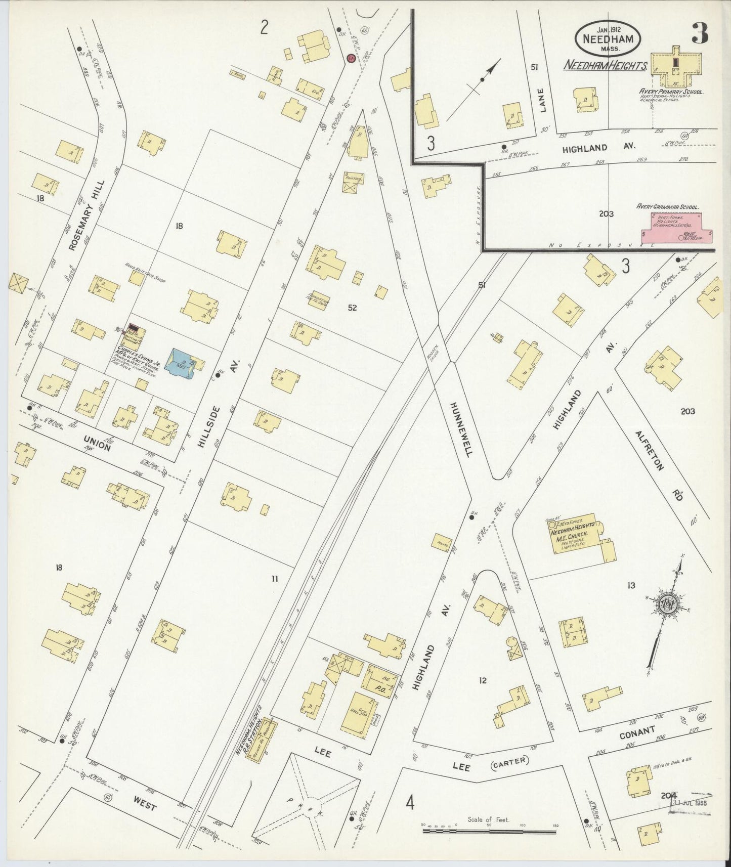 Sanborn Fire Insurance Map from Needham, Norfolk County, Massachusetts (1912), Sheet #0003 - Complete Map Set gallery image, historic Sanborn map, vintage wall art, Massachusetts Massachusetts