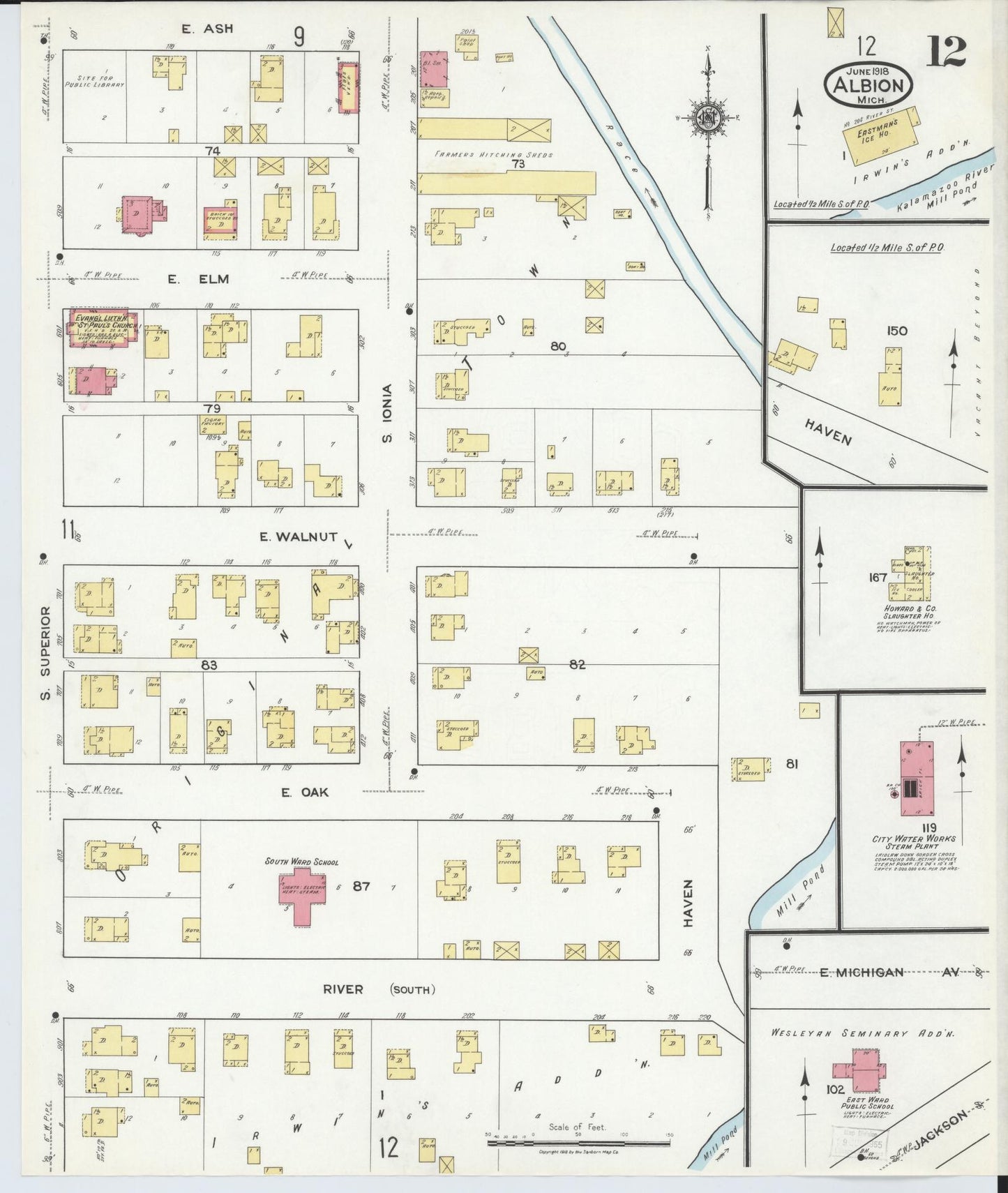 Sanborn Fire Insurance Map from Albion, Calhoun County, Michigan (1918), Sheet #0012 - Historic Sanborn Fire Insurance Map Print, vintage old map wall art, antique decor, genealogy gift, Michigan Michigan map