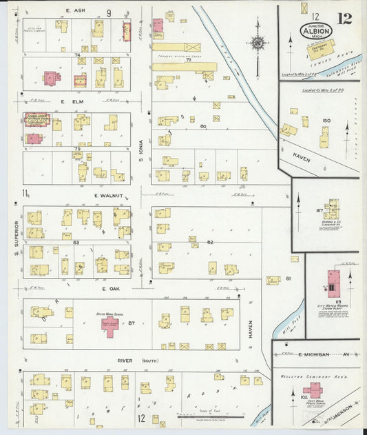 Sanborn Fire Insurance Map from Albion, Calhoun County, Michigan (1918), Sheet #0012 - Historic Sanborn Fire Insurance Map Print, vintage old map wall art, antique decor, genealogy gift, Michigan Michigan map