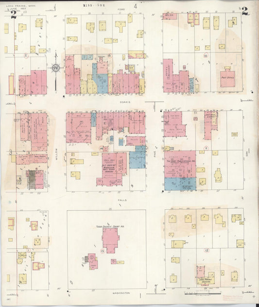 Sanborn Fire Insurance Map from Long Prairie, Todd County, Minnesota (1945), Sheet #0002 - Historic Sanborn Fire Insurance Map Print, vintage old map wall art, antique decor, genealogy gift, Minnesota Minnesota map