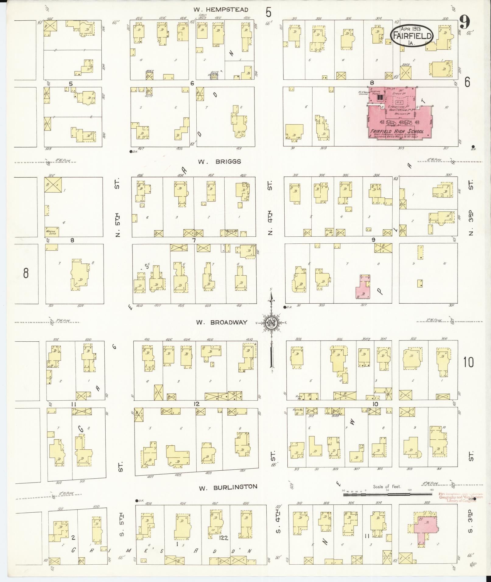 Sanborn Fire Insurance Map from Fairfield, Jefferson County, Iowa (1913), Sheet #0009 - Historic Sanborn Fire Insurance Map Print, vintage old map wall art