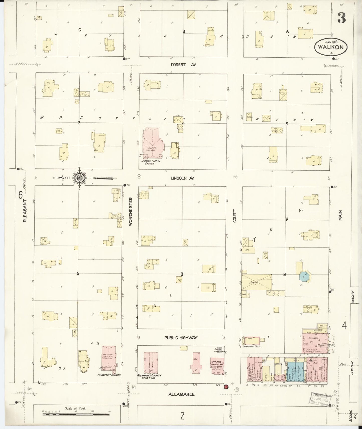 Sanborn Fire Insurance Map from Waukon, Allamakee County, Iowa (1913), Sheet #0003 - Historic Sanborn Fire Insurance Map Print, vintage old map wall art