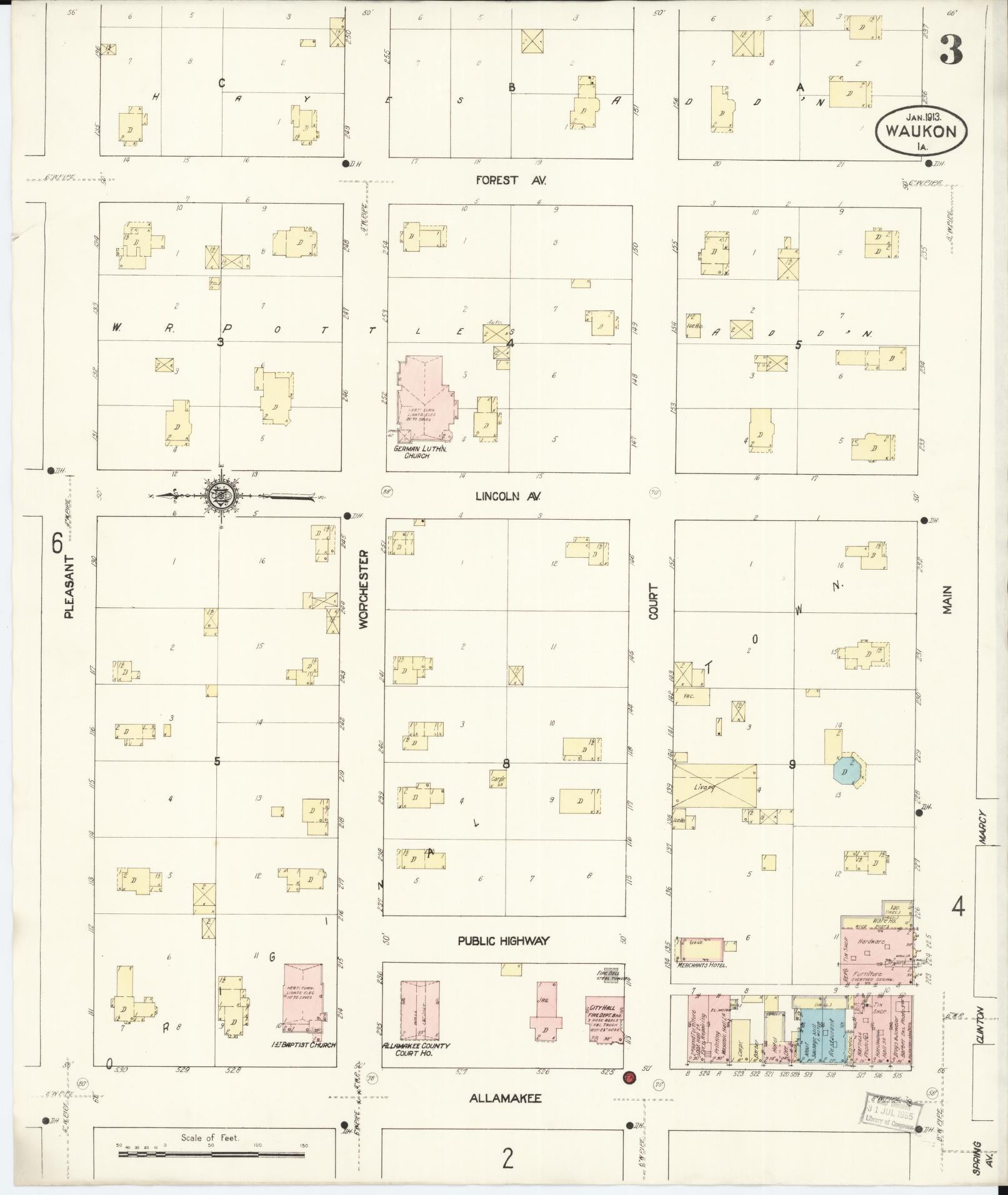Sanborn Fire Insurance Map from Waukon, Allamakee County, Iowa (1913), Sheet #0003 - Historic Sanborn Fire Insurance Map Print, vintage old map wall art