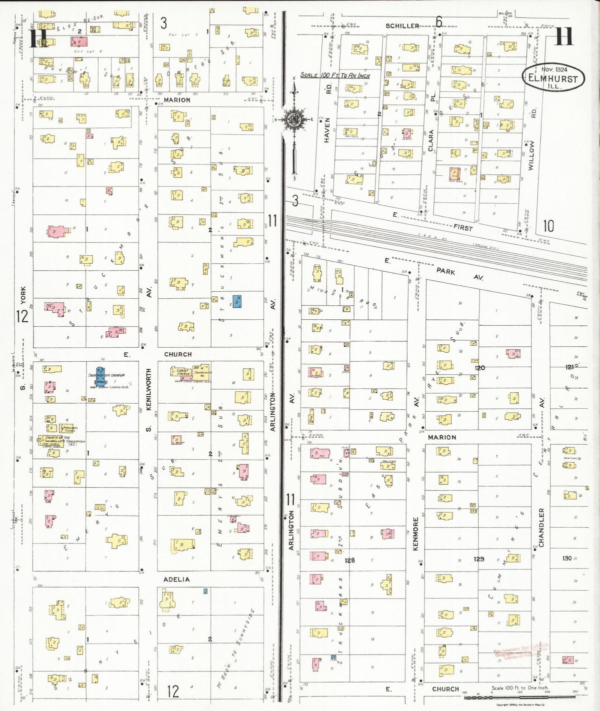 Sanborn Fire Insurance Map from Elmhurst, Du Page County, Illinois (1924), Sheet #0011 - Historic Sanborn Fire Insurance Map Print, vintage old map wall art, antique decor, genealogy gift, Illinois Illinois map