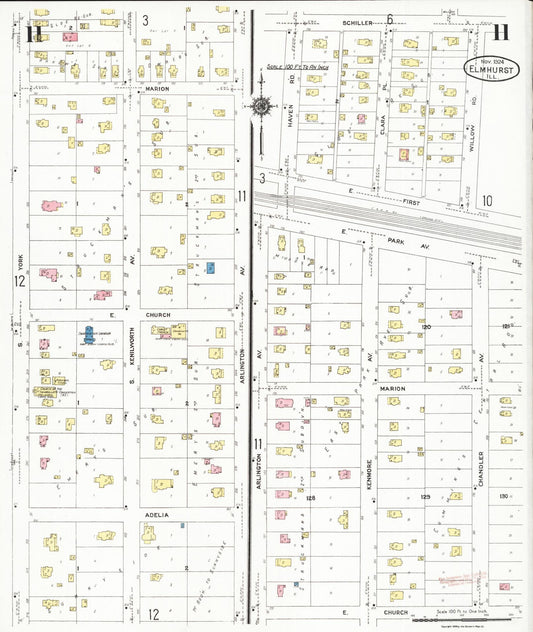 Sanborn Fire Insurance Map from Elmhurst, Du Page County, Illinois (1924), Sheet #0011 - Historic Sanborn Fire Insurance Map Print, vintage old map wall art, antique decor, genealogy gift, Illinois Illinois map
