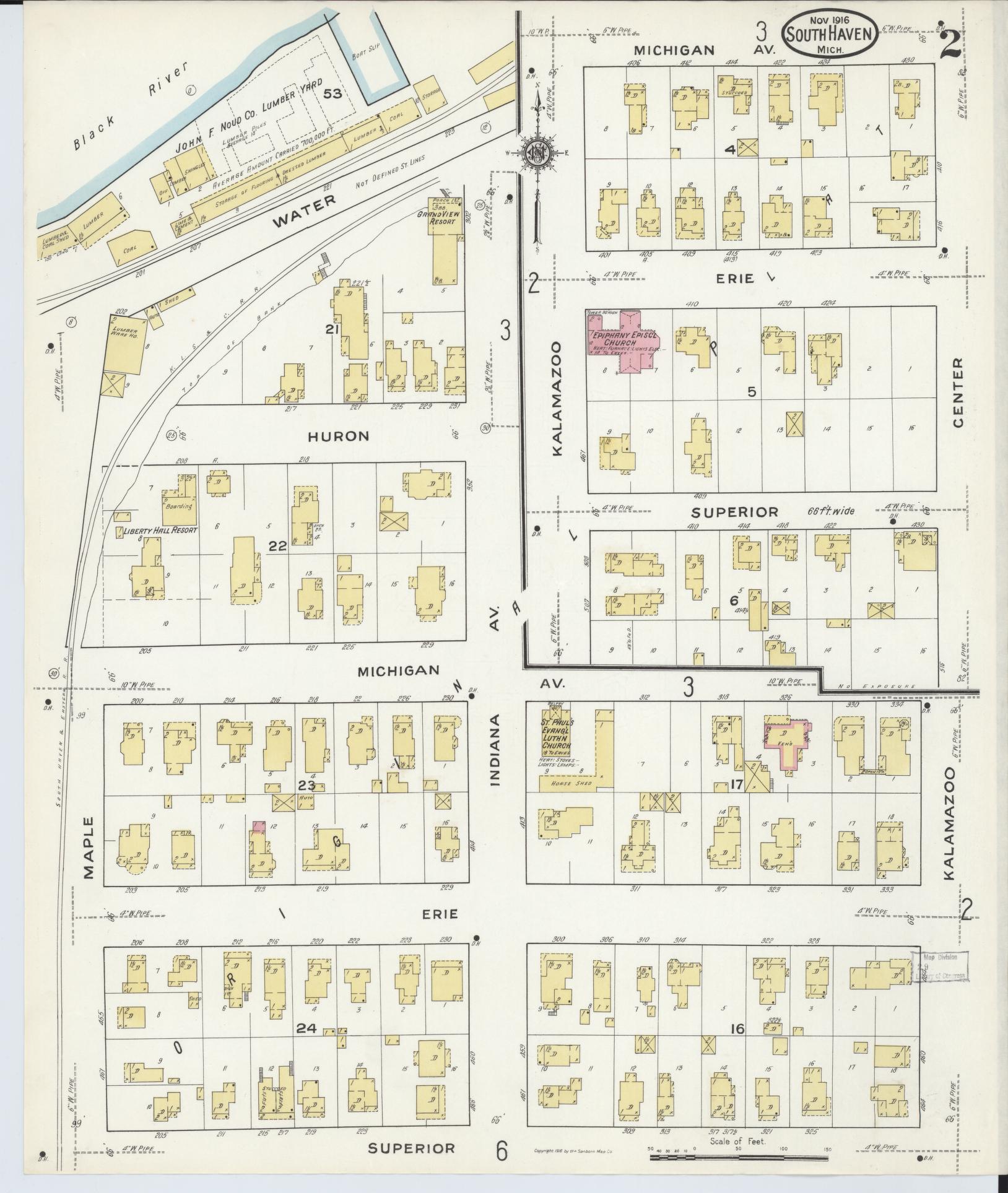 Sanborn Fire Insurance Map from South Haven, Van Buren County, Michigan (1916), Sheet #0002 - Historic Sanborn Fire Insurance Map Print, vintage old map wall art, antique decor, genealogy gift, Michigan Michigan map
