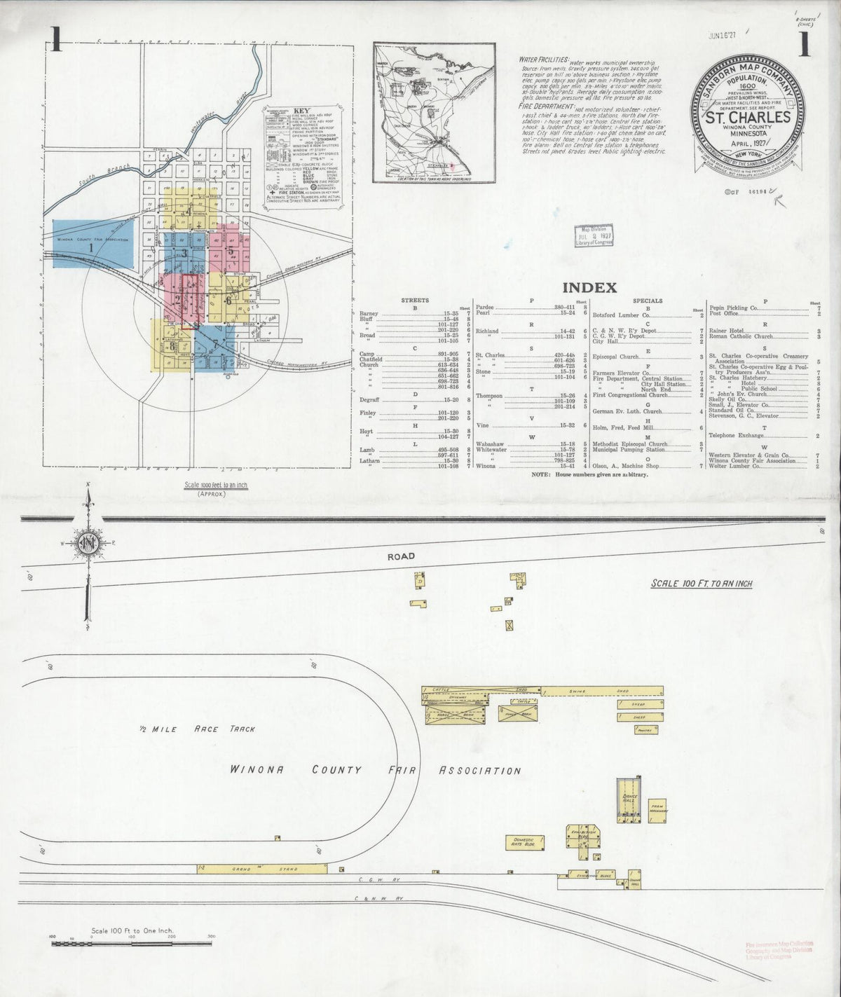 Sanborn Fire Insurance Map from Saint Charles, Winona County, Minnesota (1927), Sheet #0001 - Historic Sanborn Fire Insurance Map Print, vintage old map wall art, antique decor, genealogy gift, Minnesota Minnesota map