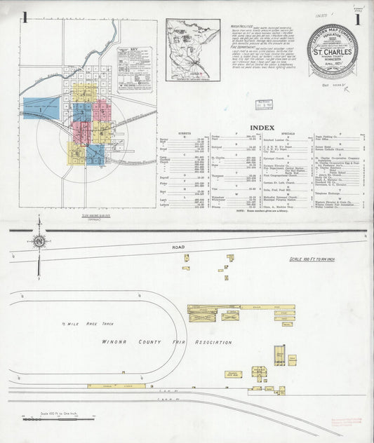 Sanborn Fire Insurance Map from Saint Charles, Winona County, Minnesota (1927), Sheet #0001 - Historic Sanborn Fire Insurance Map Print, vintage old map wall art, antique decor, genealogy gift, Minnesota Minnesota map