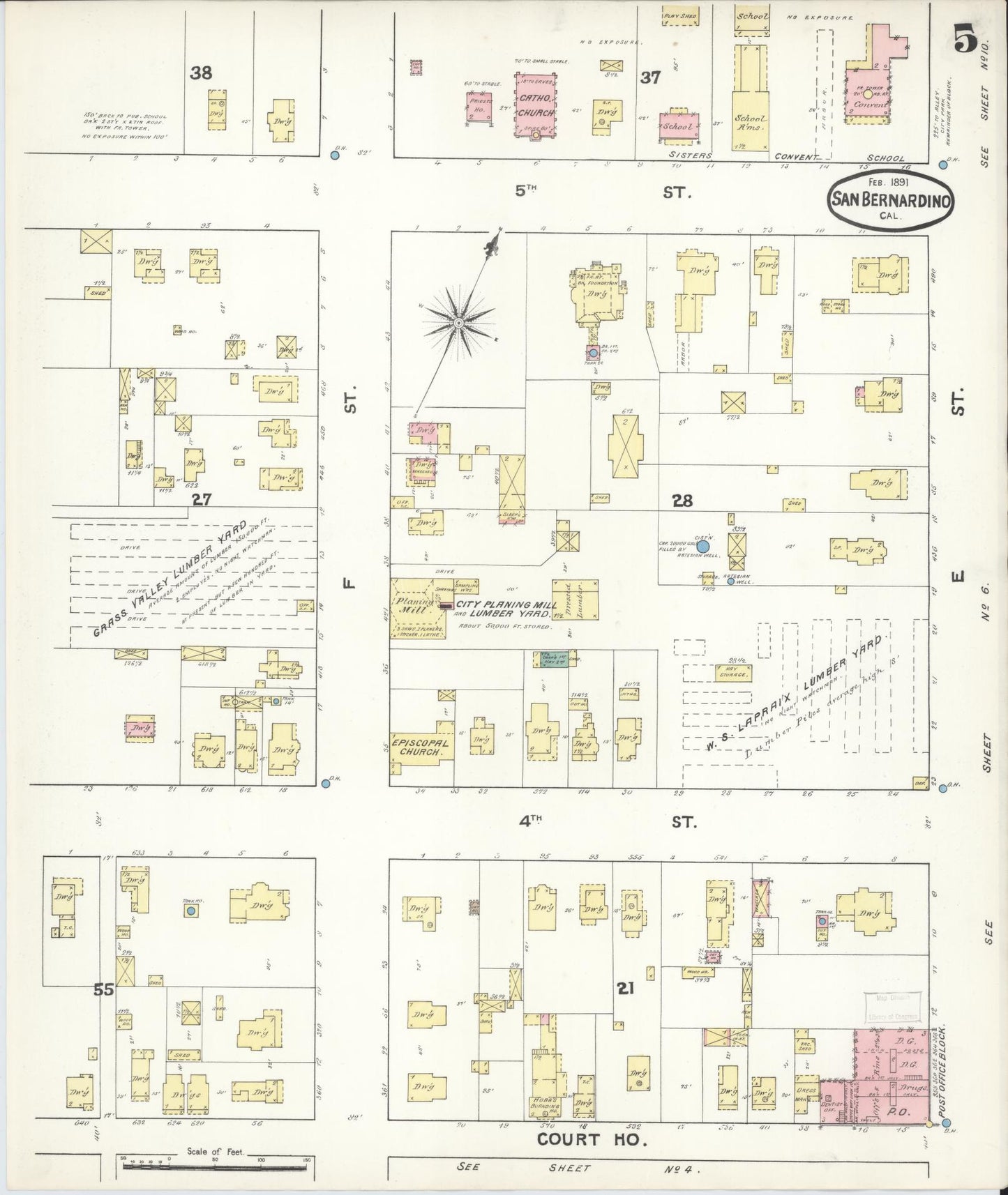 Sanborn Fire Insurance Map from San Bernardino, San Bernardino County, California (1891), Sheet #0005 - Complete Map Set gallery image, historic Sanborn map, vintage wall art, California California