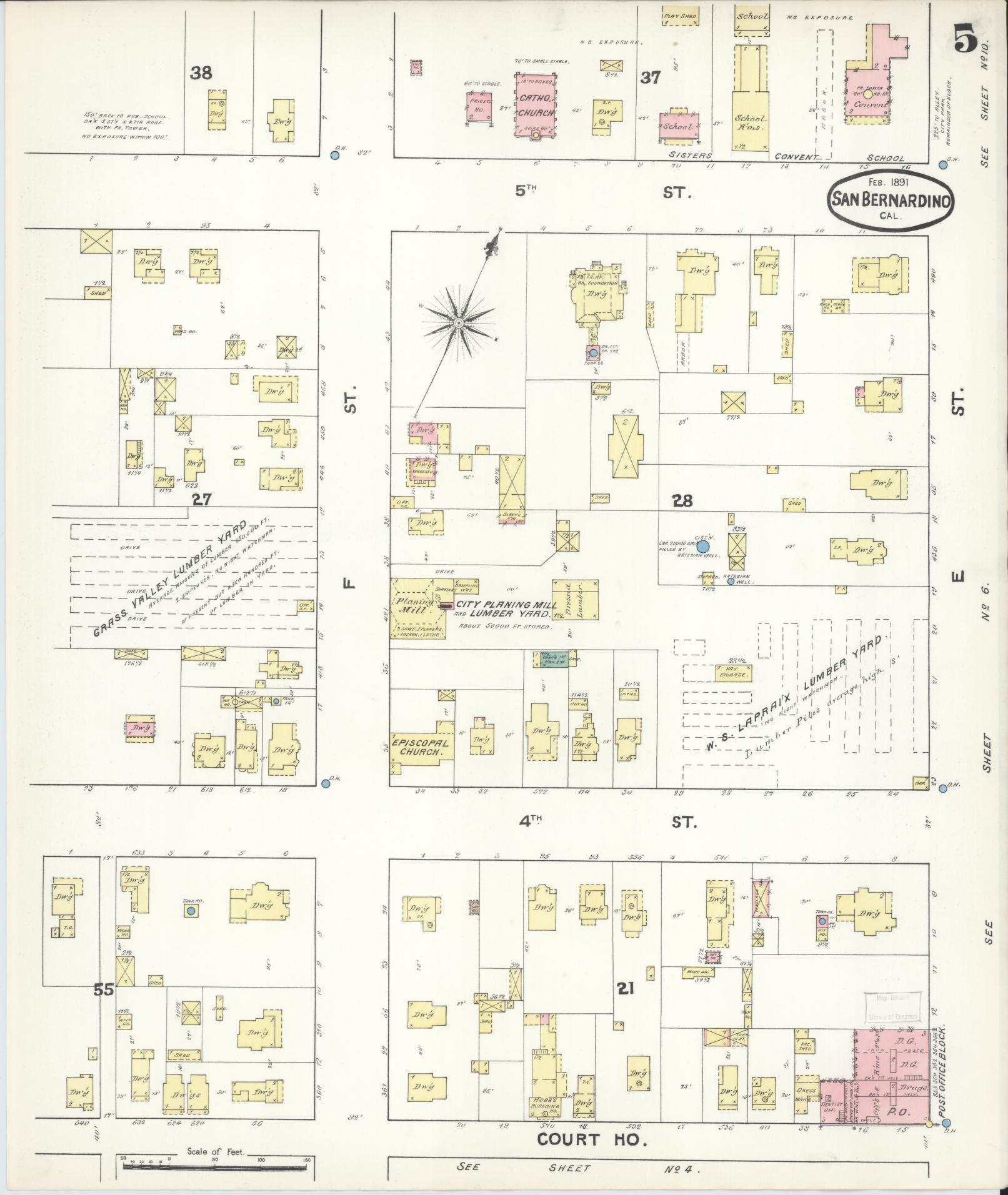 Sanborn Fire Insurance Map from San Bernardino, San Bernardino County, California (1891), Sheet #0005 - Complete Map Set gallery image, historic Sanborn map, vintage wall art, California California