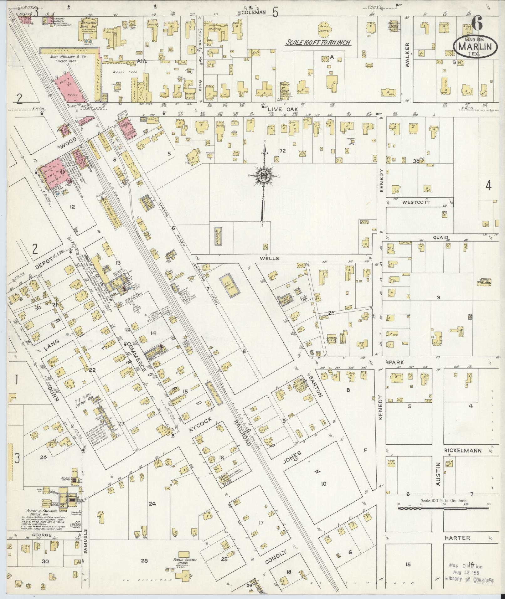 Sanborn Fire Insurance Map from Marlin, Falls County, Texas (1916), Sheet #0006 - Historic Sanborn Fire Insurance Map Print, vintage old map wall art, antique decor, genealogy gift, Texas Texas map