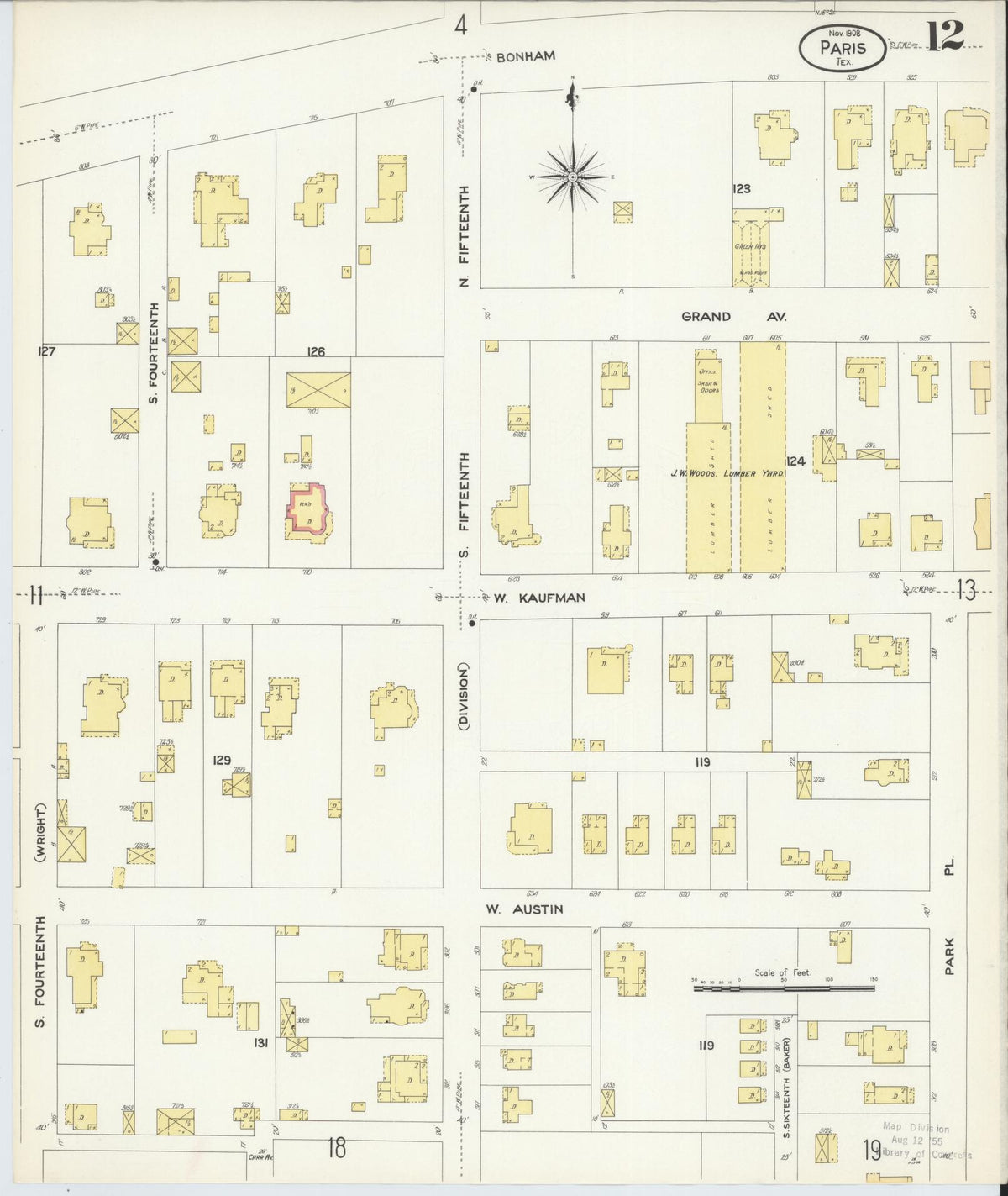 Sanborn Fire Insurance Map from Paris, Lamar County, Texas (1908), Sheet #0012 - Complete Map Set gallery image, historic Sanborn map, vintage wall art, Texas Texas