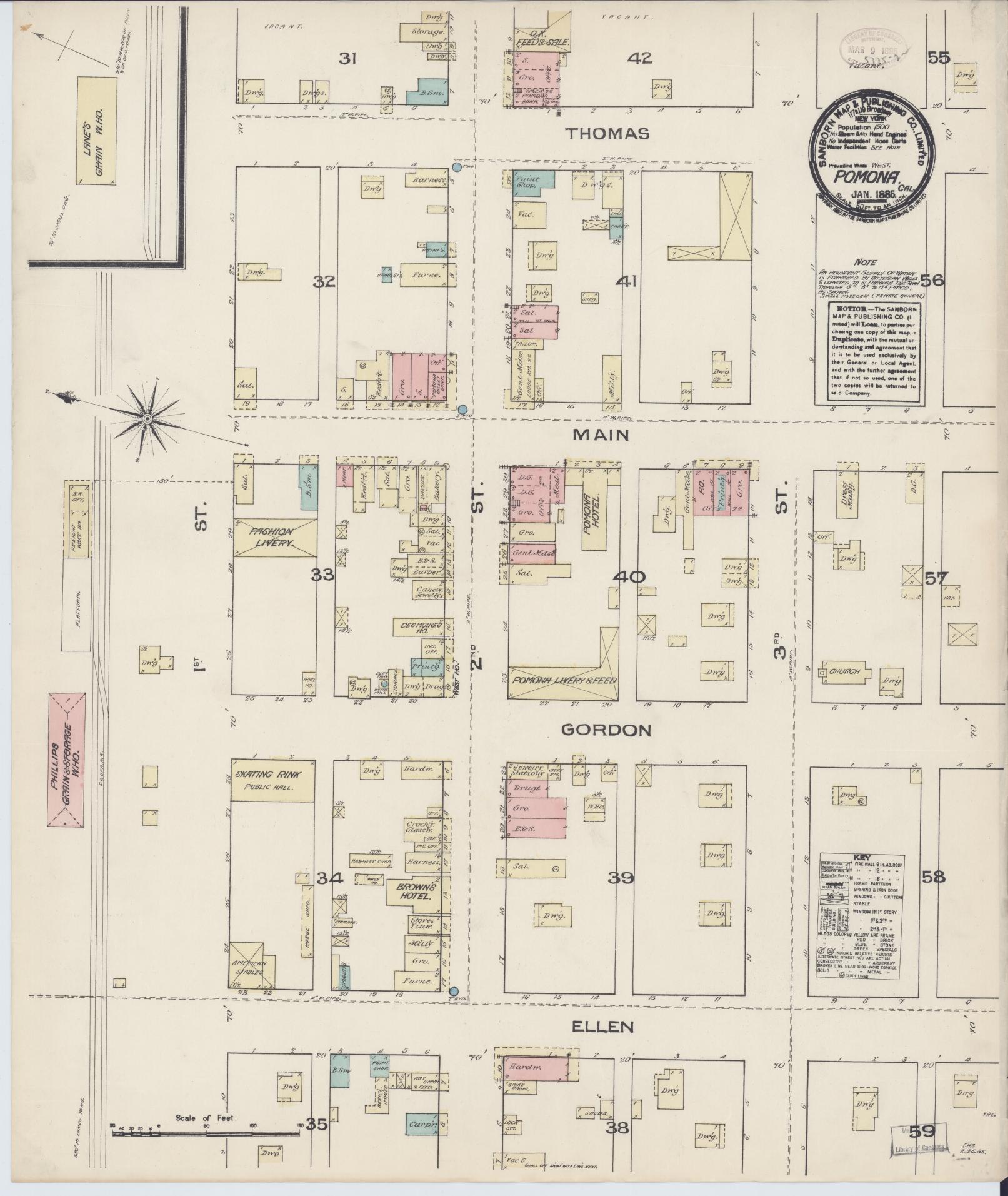 Sanborn Fire Insurance Map from Pomona, Los Angeles County, California. (1885) – Historic Sanborn Fire Insurance Map Print