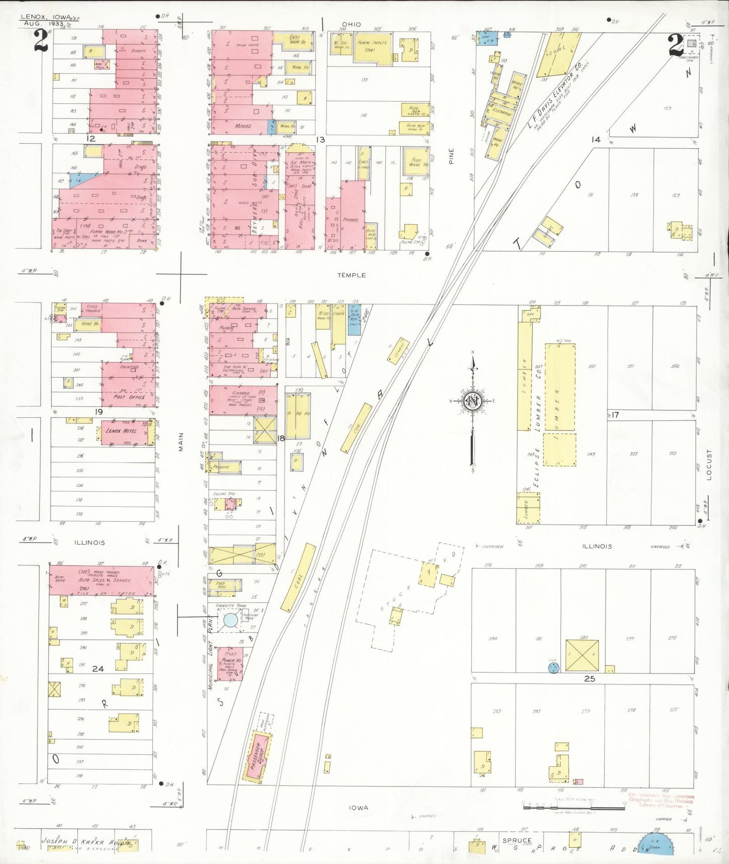 Sanborn Fire Insurance Map from Lenox, Taylor County, Iowa (1933), Sheet #0002 - Historic Sanborn Fire Insurance Map Print, vintage old map wall art