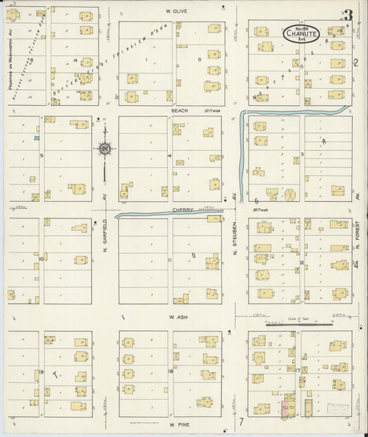 Sanborn Fire Insurance Map from Chanute, Neosho County, Kansas (1916), Sheet #0003 - Historic Sanborn Fire Insurance Map Print, vintage old map wall art, antique decor, genealogy gift, Kansas Kansas map