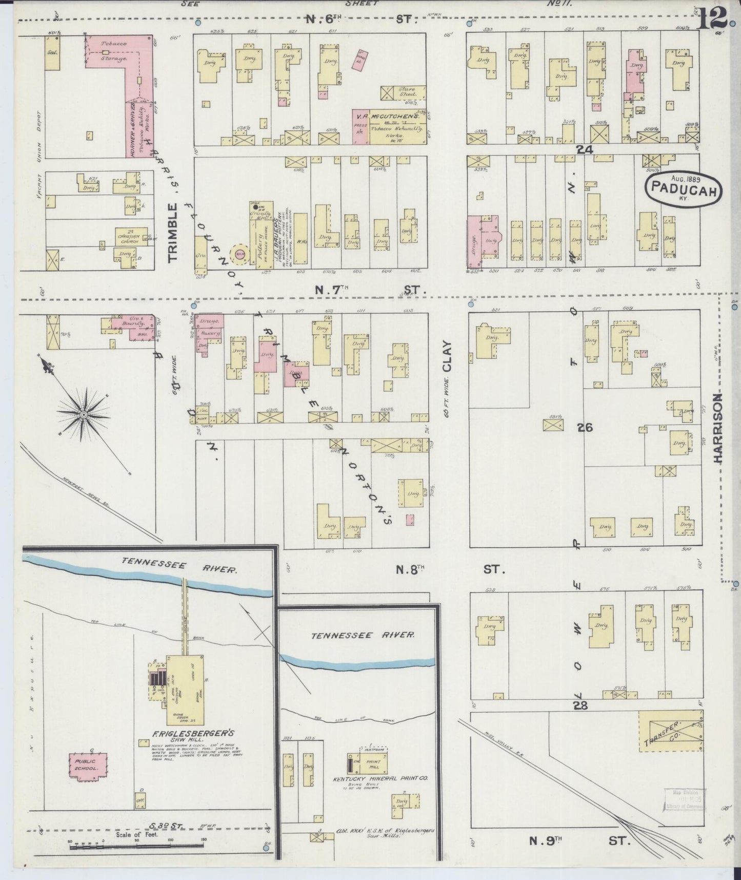 Sanborn Fire Insurance Map from Paducah, Mccraken County, Kentucky (1889), Sheet #0012 - Complete Map Set gallery image, historic Sanborn map, vintage wall art, Kentucky Kentucky