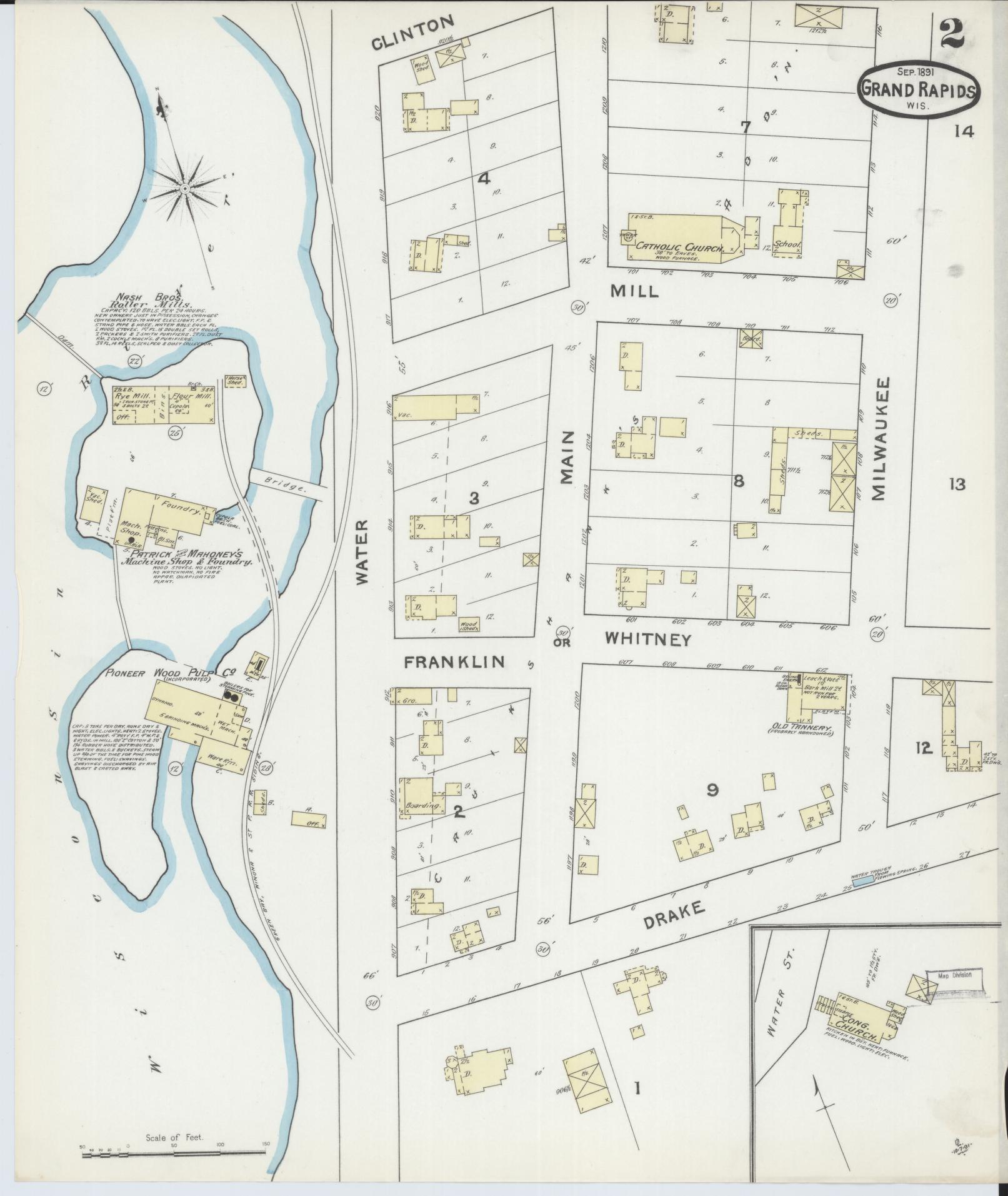 Sanborn Fire Insurance Map from Grand Rapids, Wood County, Wisconsin (1891), Sheet #0002 - Historic Sanborn Fire Insurance Map Print, vintage old map wall art, antique decor, genealogy gift, Wisconsin Wisconsin map