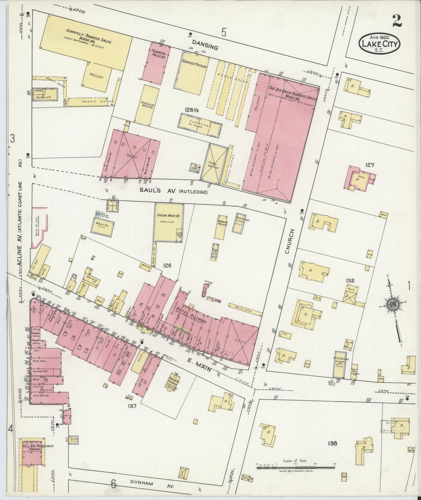 Sanborn Fire Insurance Map from Lake City, Florence County, South Carolina (1920), Sheet #0002 - Complete Map Set gallery image, historic Sanborn map, vintage wall art, South Carolina South Carolina