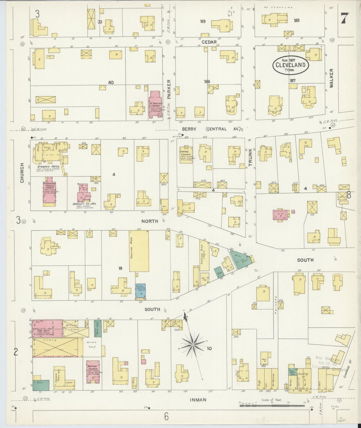 Sanborn Fire Insurance Map from Cleveland, Bradley County, Tennessee (1907), Sheet #0007 - Historic Sanborn Fire Insurance Map Print, vintage old map wall art, antique decor, genealogy gift, Tennessee Tennessee map