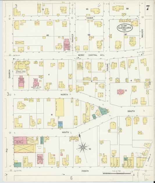 Sanborn Fire Insurance Map from Cleveland, Bradley County, Tennessee (1907), Sheet #0007 - Historic Sanborn Fire Insurance Map Print, vintage old map wall art, antique decor, genealogy gift, Tennessee Tennessee map