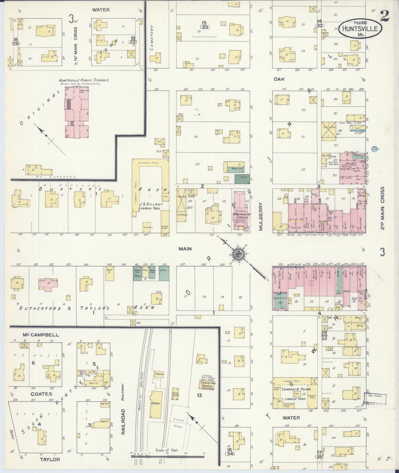 Sanborn Fire Insurance Map from Huntsville, Randolph County, Missouri (1910), Sheet #0002 - Complete Map Set gallery image, historic Sanborn map, vintage wall art, Missouri Missouri