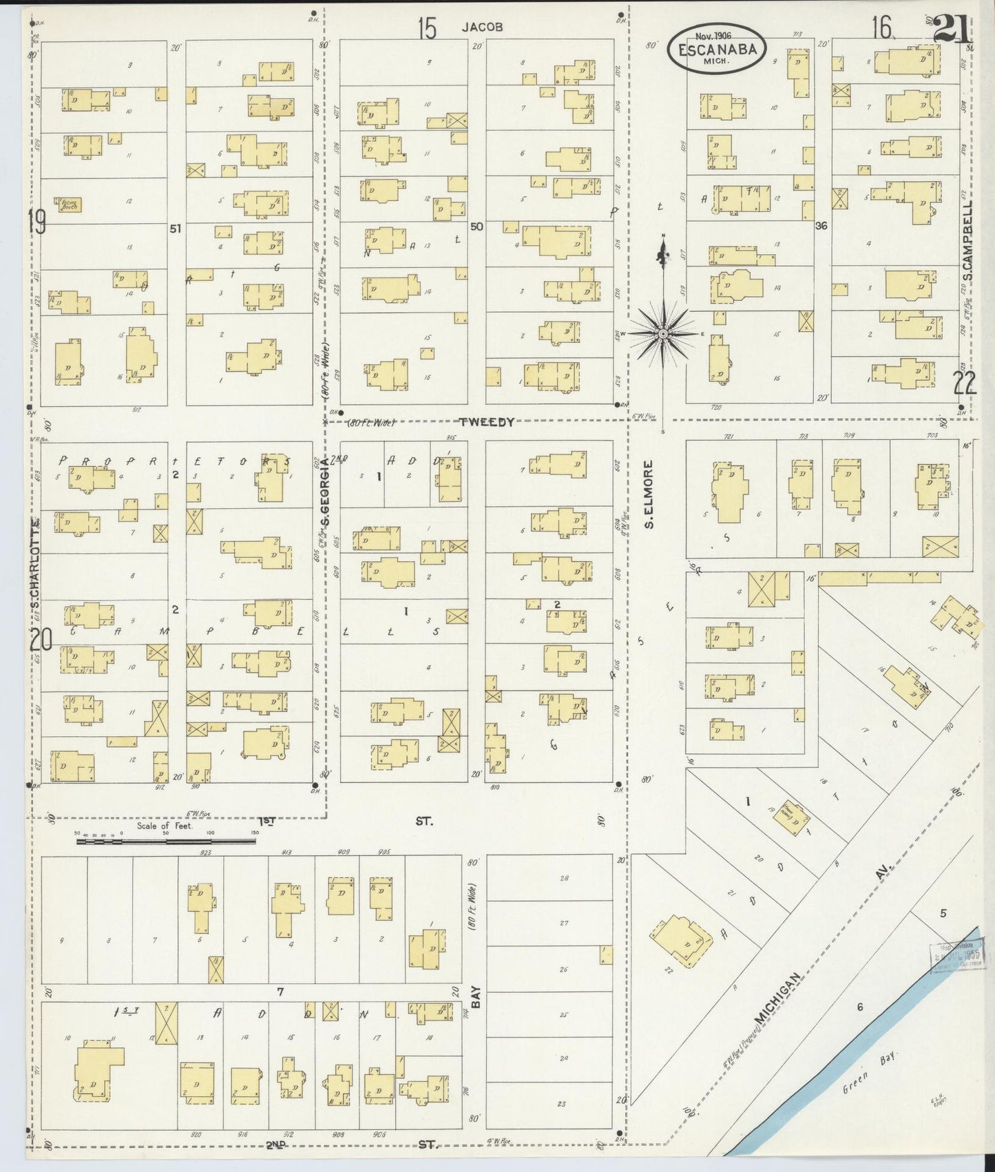 Sanborn Fire Insurance Map from Escanaba, Delta County, Michigan (1906), Sheet #0021 - Historic Sanborn Fire Insurance Map Print, vintage old map wall art, antique decor, genealogy gift, Michigan Michigan map