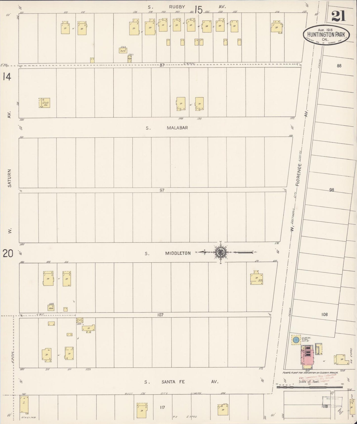 Sanborn Fire Insurance Map from Huntington Park, Los Angeles County, California (1916), Sheet #0021 - Historic Sanborn Fire Insurance Map Print, vintage old map wall art, antique decor, genealogy gift, California California map