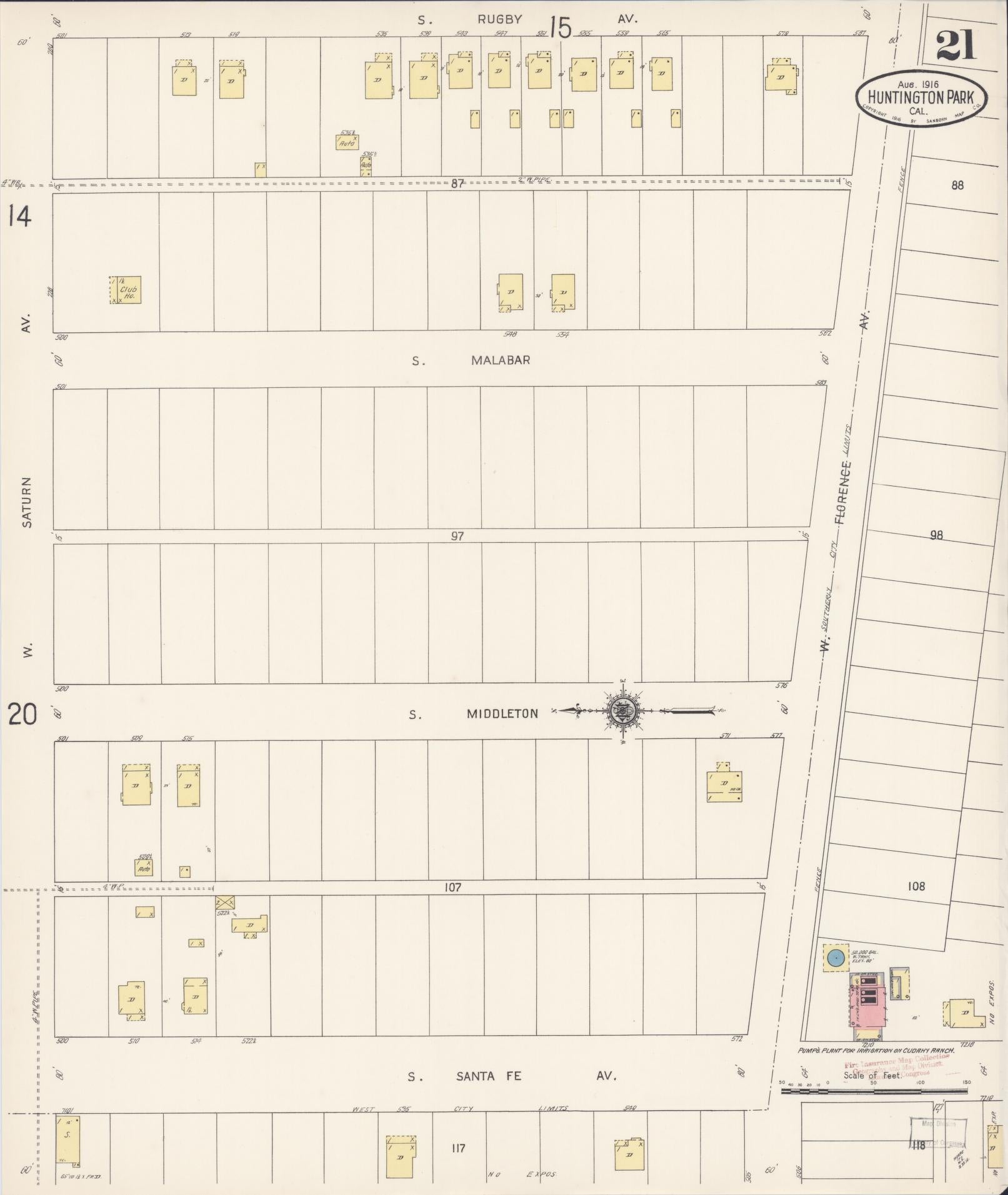 Sanborn Fire Insurance Map from Huntington Park, Los Angeles County, California (1916), Sheet #0021 - Historic Sanborn Fire Insurance Map Print, vintage old map wall art, antique decor, genealogy gift, California California map