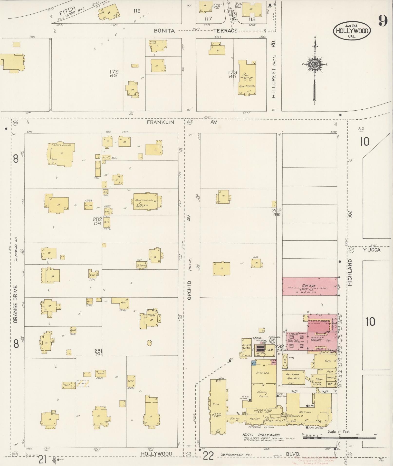 Sanborn Fire Insurance Map from Hollywood, Los Angeles County, California (1913), Sheet #0009 - Historic Sanborn Fire Insurance Map Print, vintage old map wall art, antique decor, genealogy gift, California California map