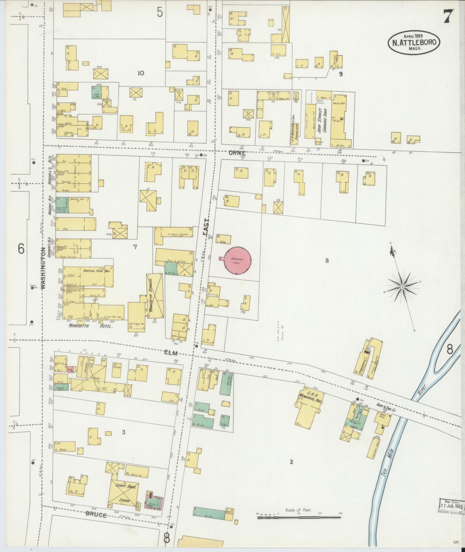 Sanborn Fire Insurance Map from North Attleborough, Bristol County, Massachusetts (1899), Sheet #0007 - Historic Sanborn Fire Insurance Map Print, vintage old map wall art, antique decor, genealogy gift, Massachusetts Massachusetts map