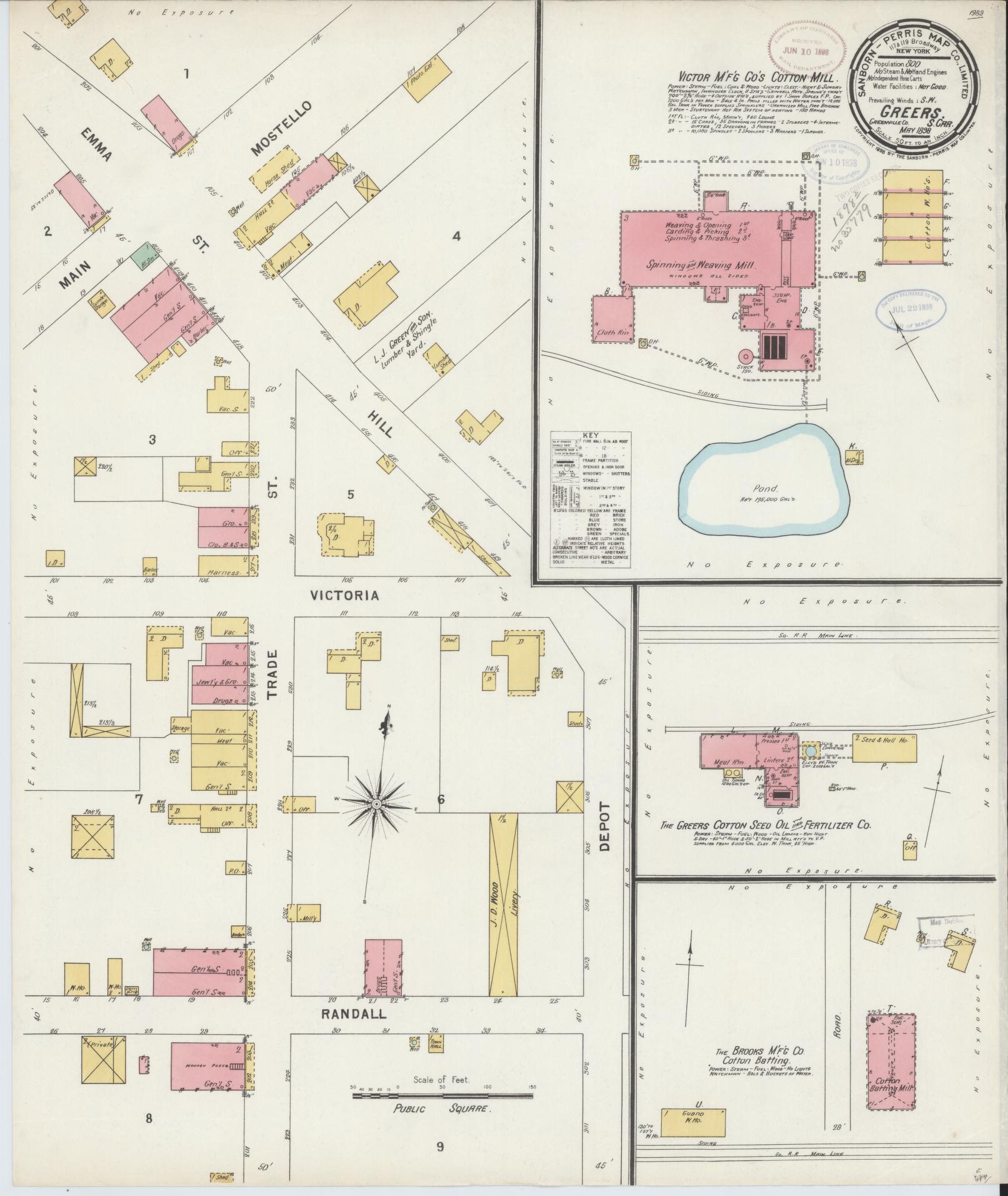 Sanborn Fire Insurance Map from Greer, Greenville and Spartanburg Counties, South Carolina (1898), Sheet #0001 - Historic Sanborn Fire Insurance Map Print, vintage old map wall art, antique decor, genealogy gift, South Carolina South Carolina map