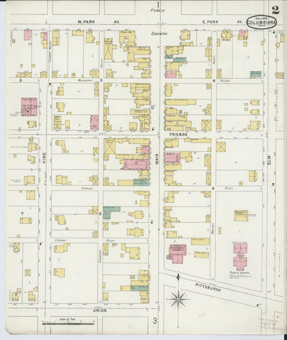 Sanborn Fire Insurance Map from Columbiana, Columbiana County, Ohio (1896), Sheet #0002 - Historic Sanborn Fire Insurance Map Print, vintage old map wall art, antique decor, genealogy gift, Ohio Ohio map