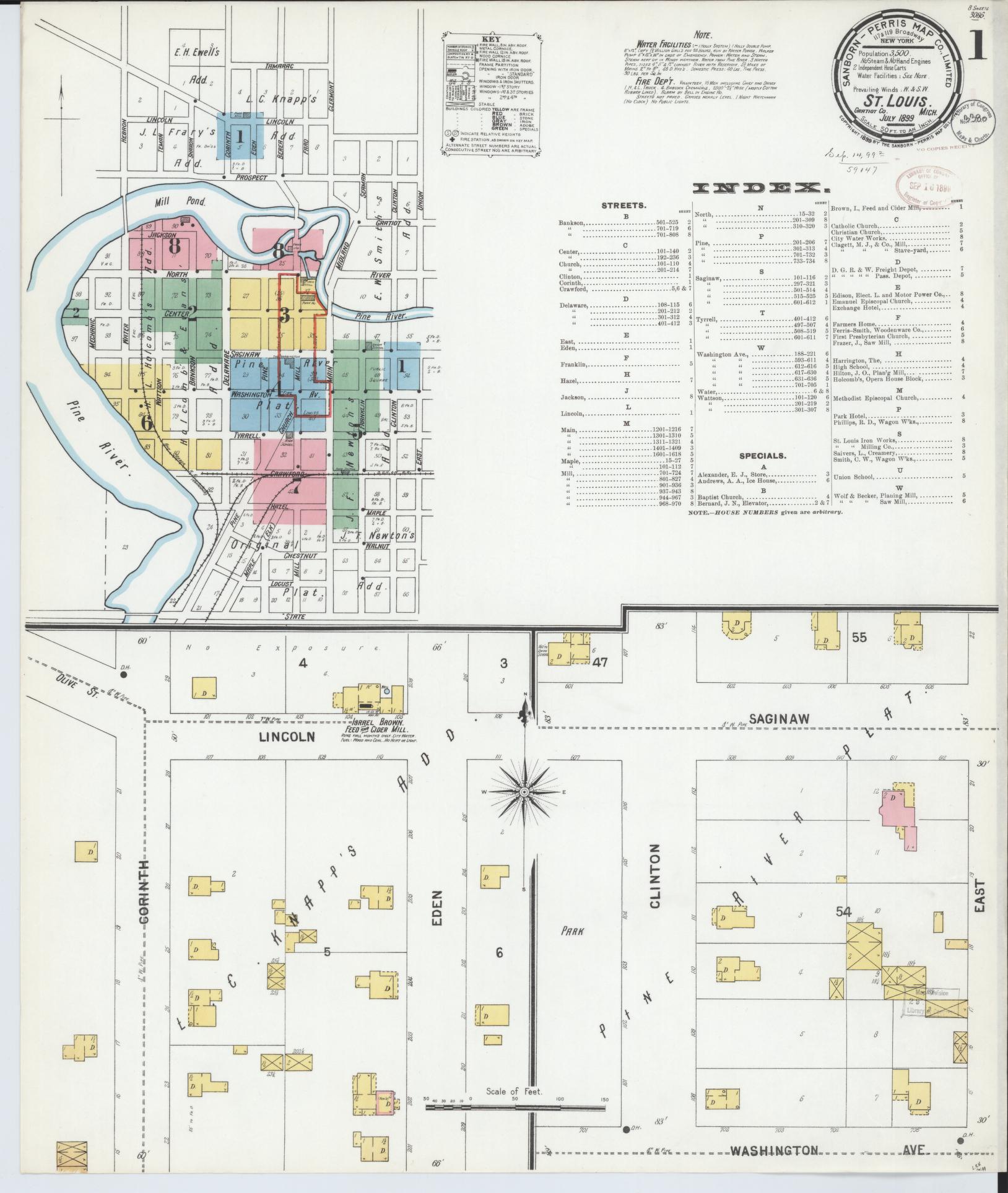Sanborn Fire Insurance Map from Saint Louis, Gratiot County, Michigan (1899), Sheet #0001 - Complete Map Set gallery image, historic Sanborn map, vintage wall art, Michigan Michigan