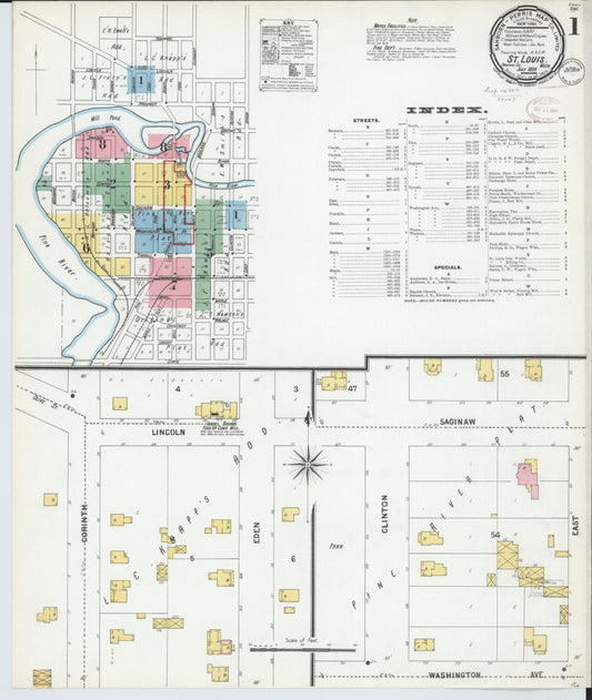 Sanborn Fire Insurance Map from Saint Louis, Gratiot County, Michigan (1899), Sheet #0001 - Complete Map Set gallery image, historic Sanborn map, vintage wall art, Michigan Michigan