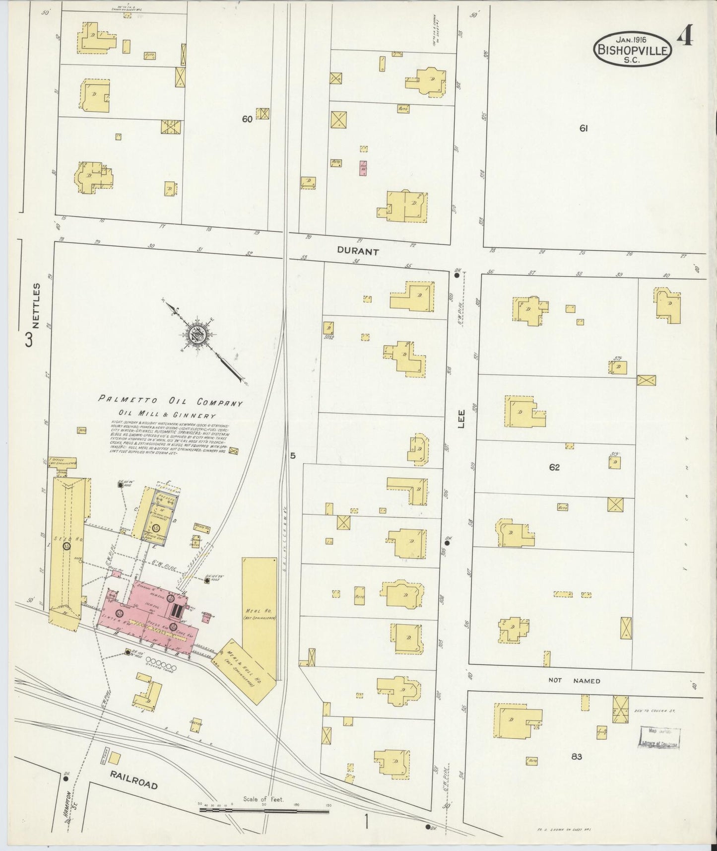 Sanborn Fire Insurance Map from Bishopville, Lee County, South Carolina (1916), Sheet #0004 - Historic Sanborn Fire Insurance Map Print, vintage old map wall art, antique decor, genealogy gift, South Carolina South Carolina map